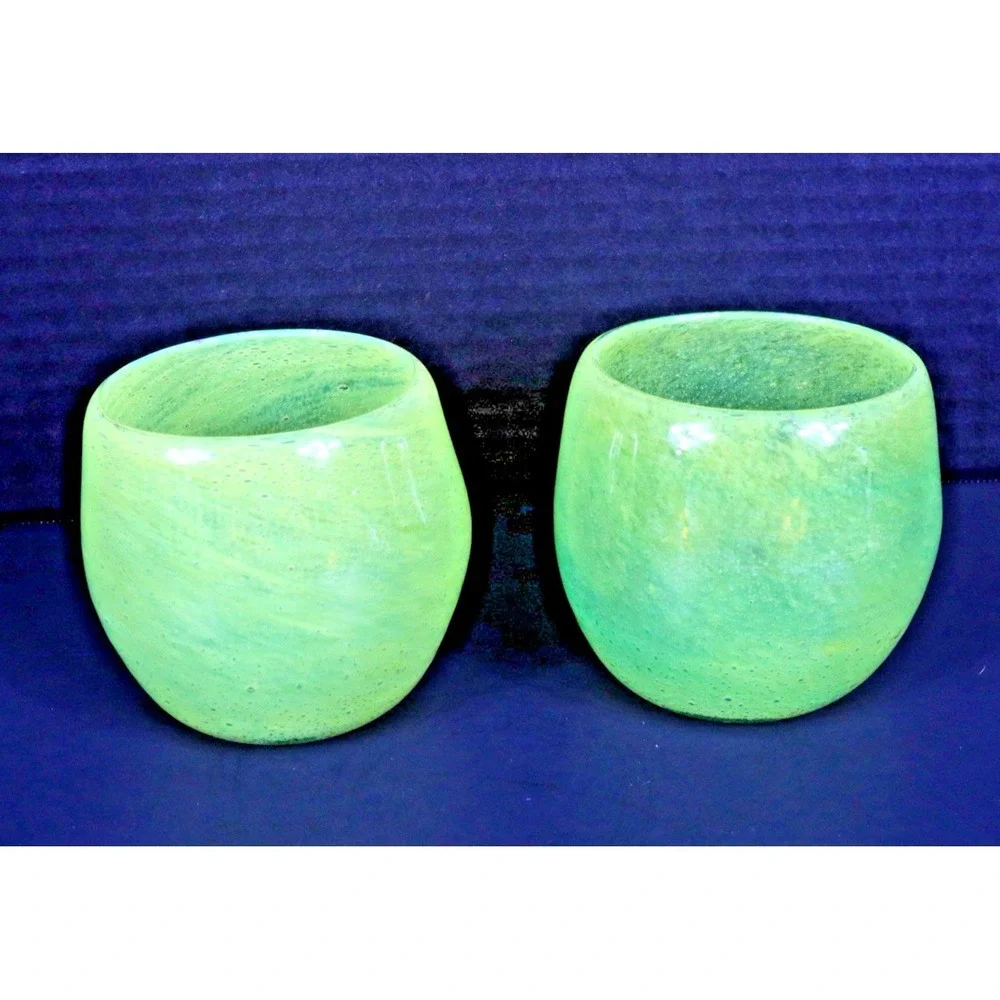 Lime Green Hand Blown Glass Tumblers W Controlled Bubbles - EUC Crate & Barrel C